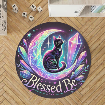 Moon and Black Cat Round Rug Witchy Cat Carpet for Wiccan Home Decor-MoonChildWorld