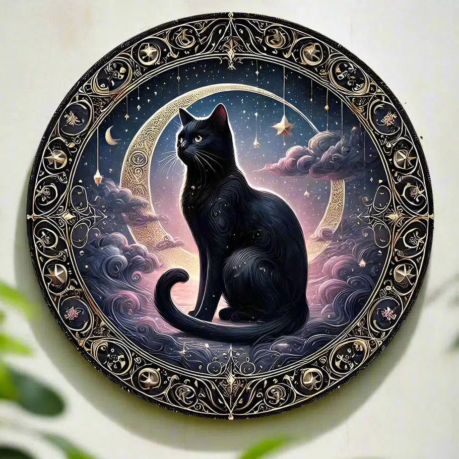 Moon and Black Cat Witchy Metal Sign Occult Cat Decor-MoonChildWorld