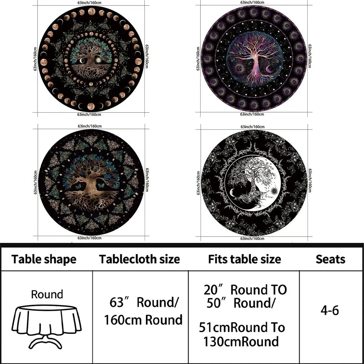 Moon phases Tree of life Round Table Cloth-MoonChildWorld
