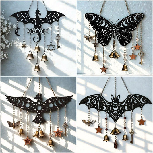 Moon Phases Dragon Butterfly Bat Eagle Metal Wind Chime for Witch Wicca Home Decor