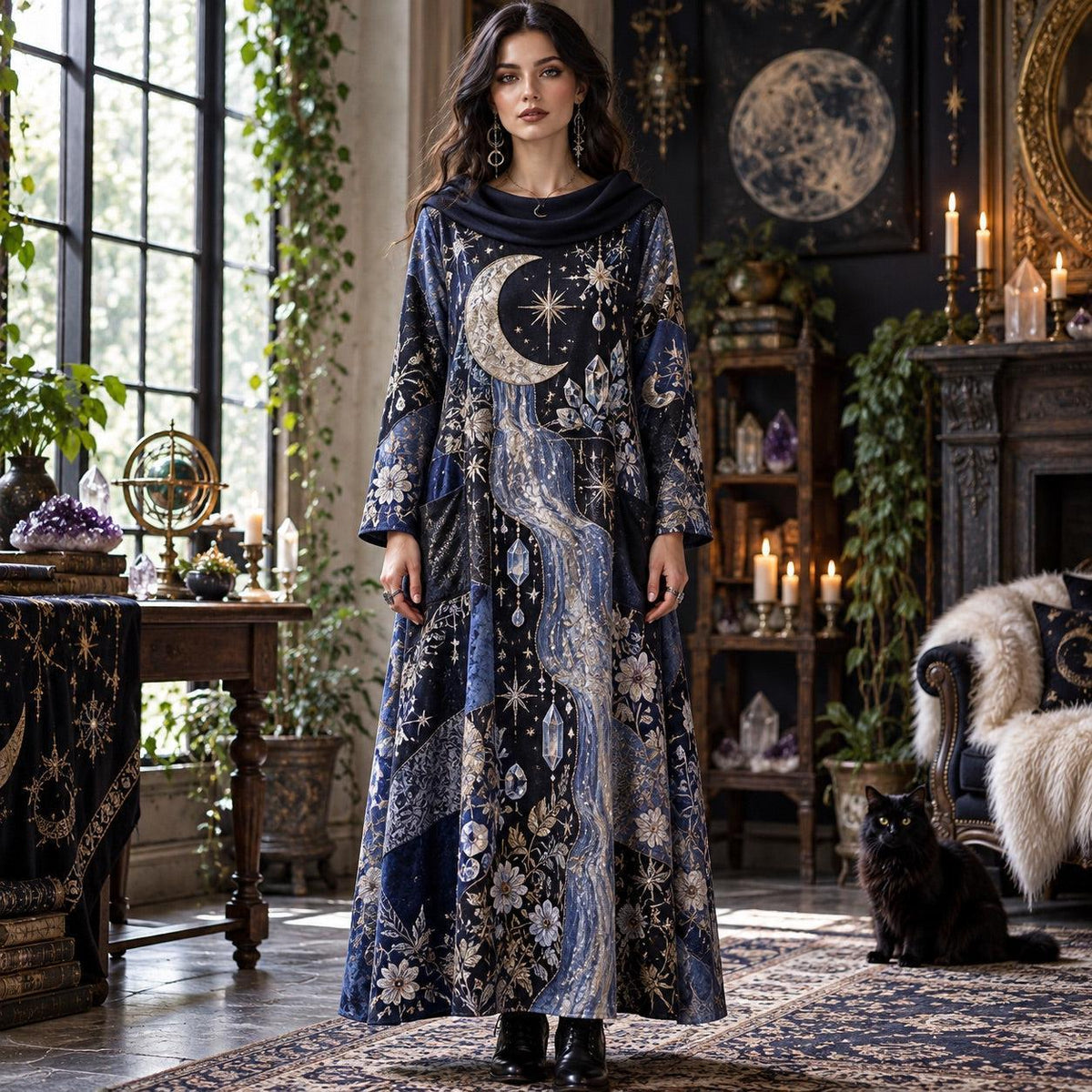 Moonchild Crystal Celestial Cowl Neck Dress – Witchy Moon Maxi – worn, front view