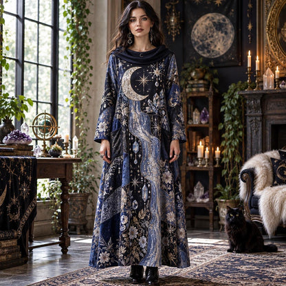 Moonchild Crystal Celestial Cowl Neck Dress – Witchy Moon Maxi – worn, front view