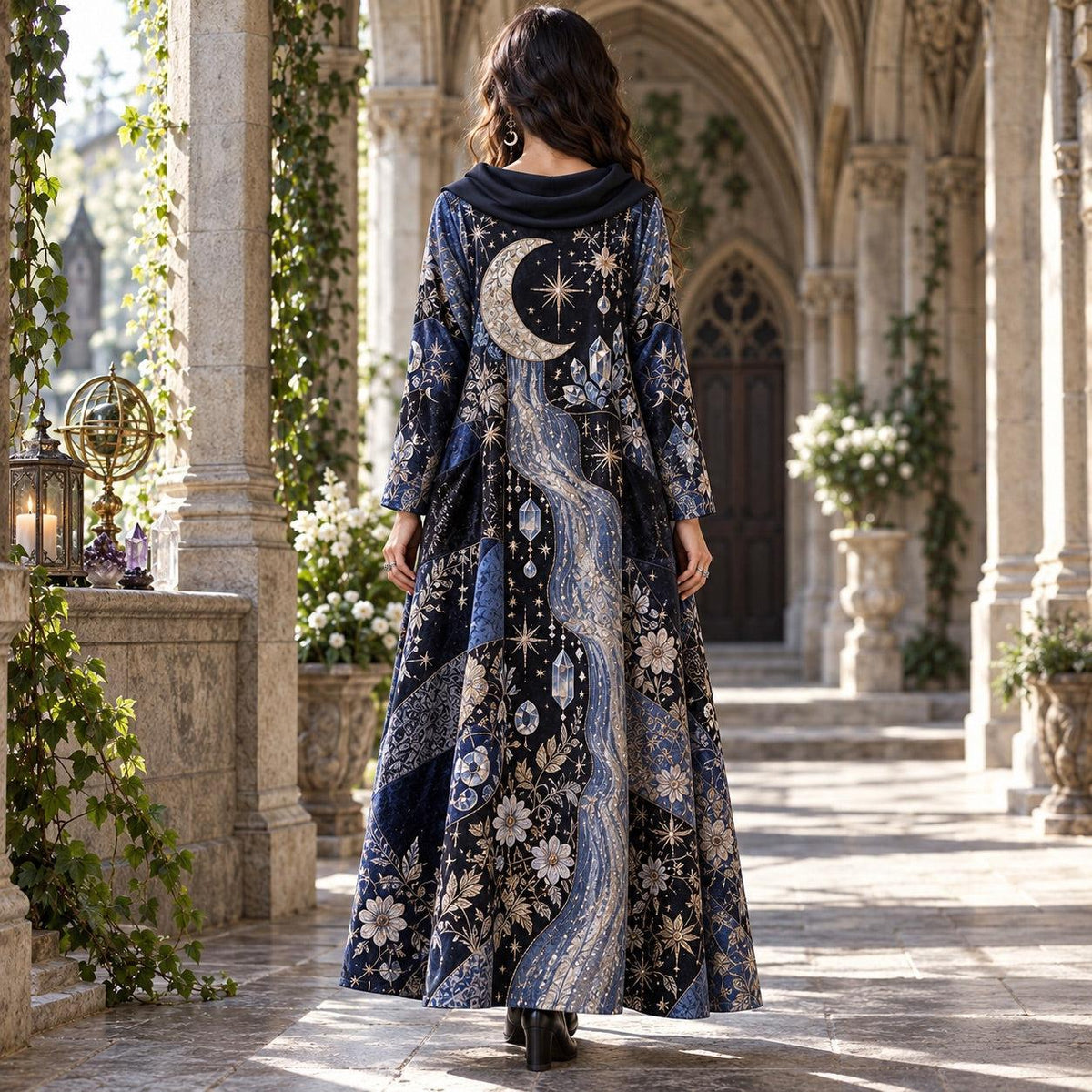 Moonchild Crystal Celestial Cowl Neck Dress – Witchy Moon Maxi – worn, back view