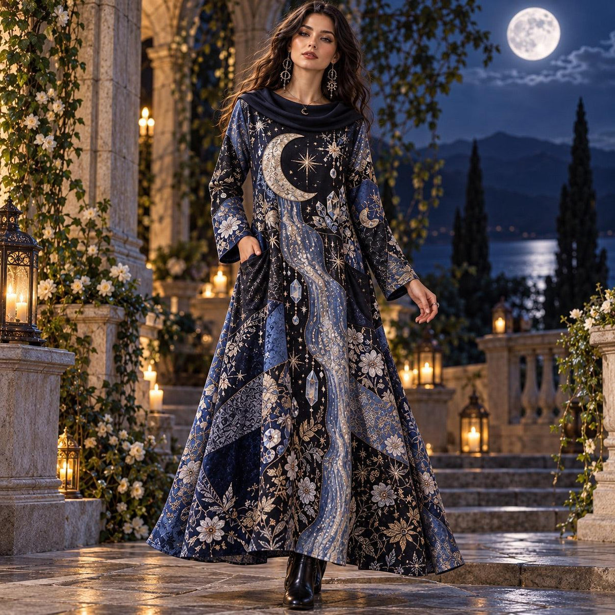Moonchild Crystal Celestial Cowl Neck Dress – Witchy Moon Maxi – worn, in motion