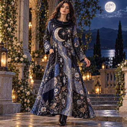 Moonchild Crystal Celestial Cowl Neck Dress – Witchy Moon Maxi – worn, in motion
