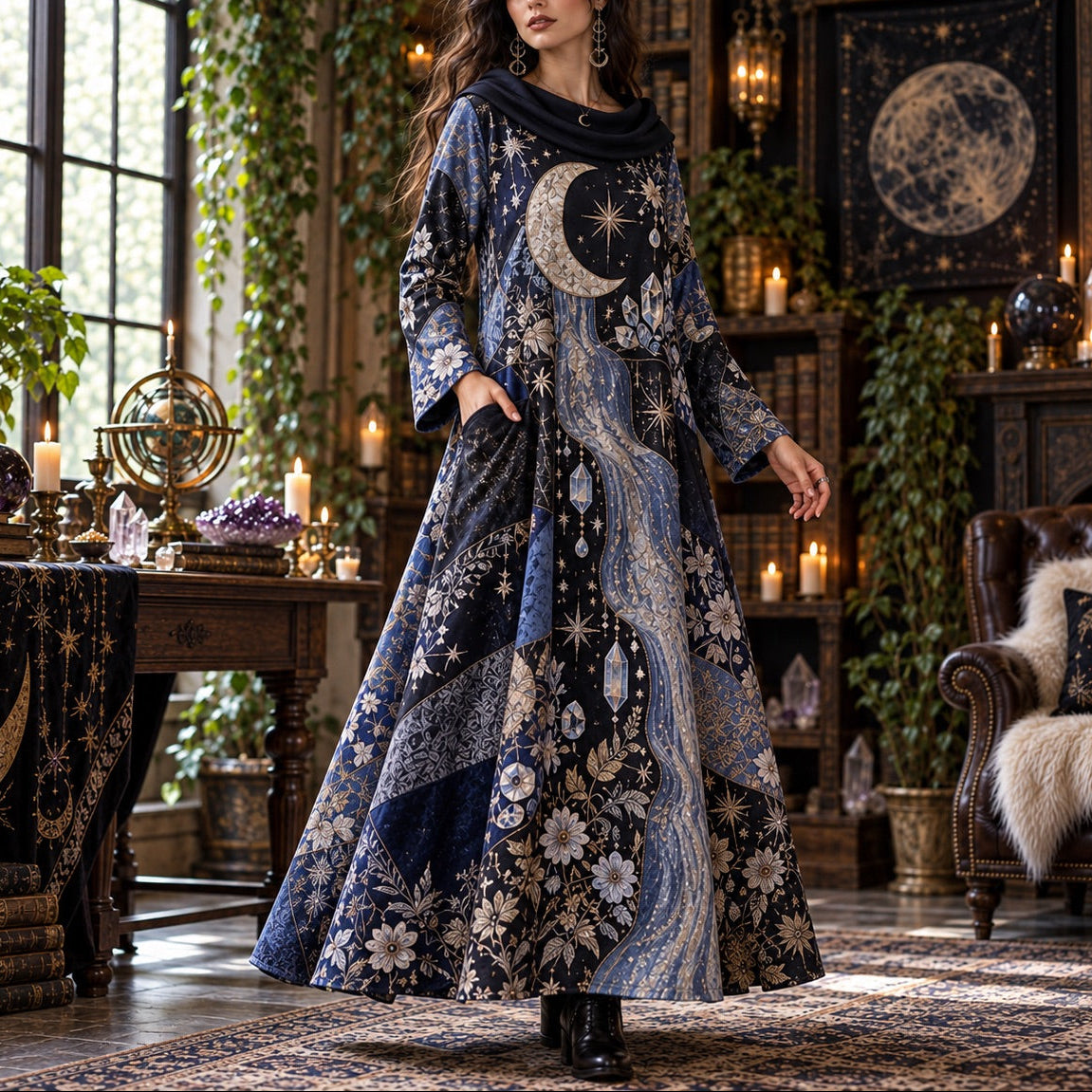 Moonchild Crystal Celestial Cowl Neck Dress – Witchy Moon Maxi – worn, three quarter view