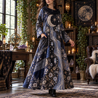 Moonchild Crystal Celestial Cowl Neck Dress – Witchy Moon Maxi – worn, three quarter view