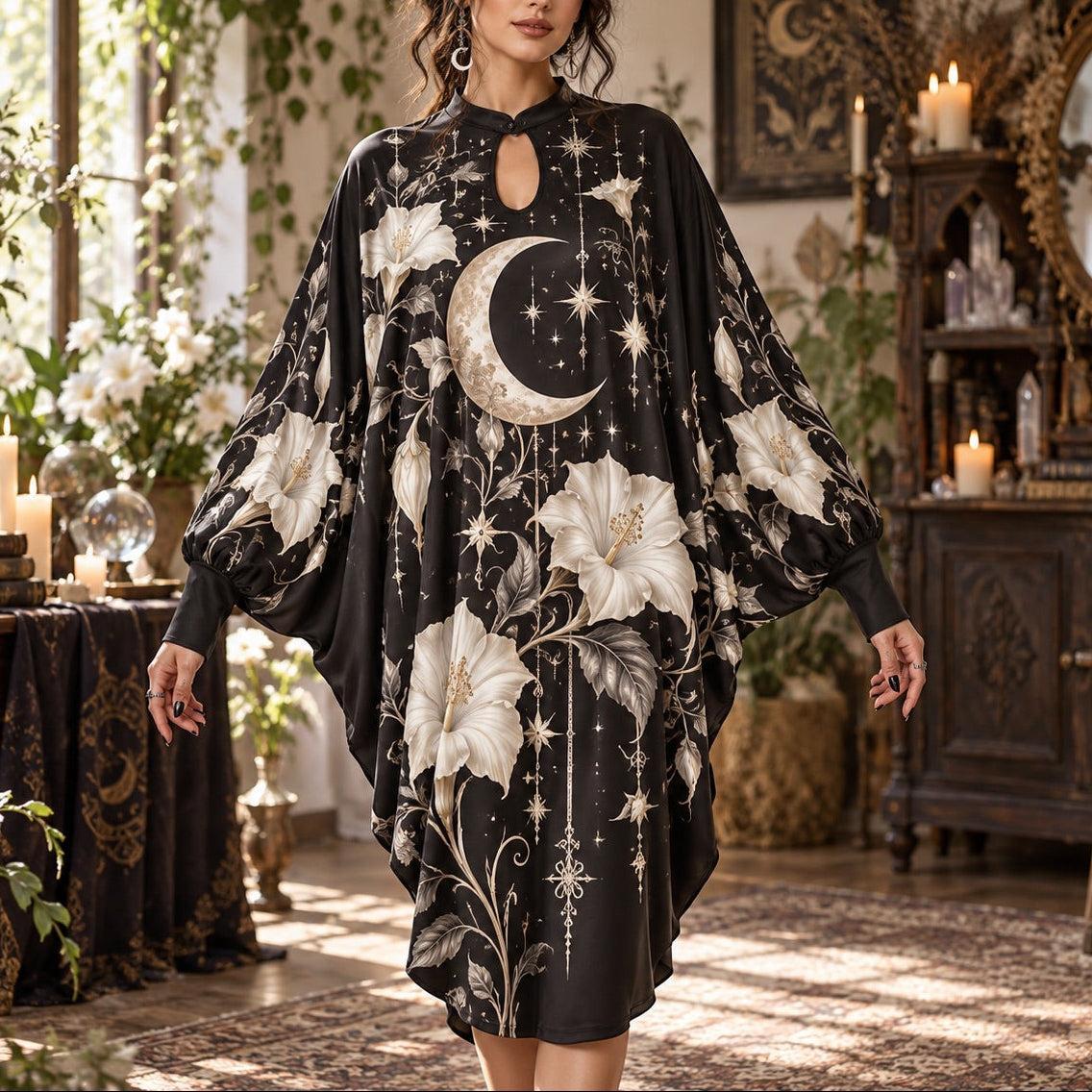 Moonflower Crescent Witchy Batwing Dress – White Witch Moon Midi – worn, front view