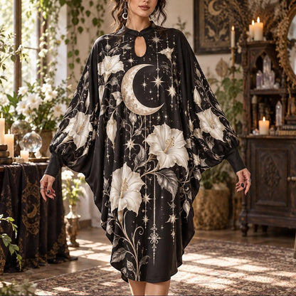 Moonflower Crescent Witchy Batwing Dress – White Witch Moon Midi – worn, front view