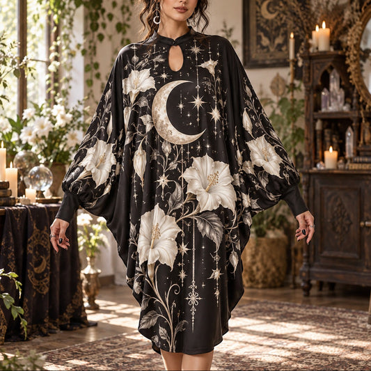 Moonflower Crescent Witchy Batwing Dress – White Witch Moon Midi – worn, front view
