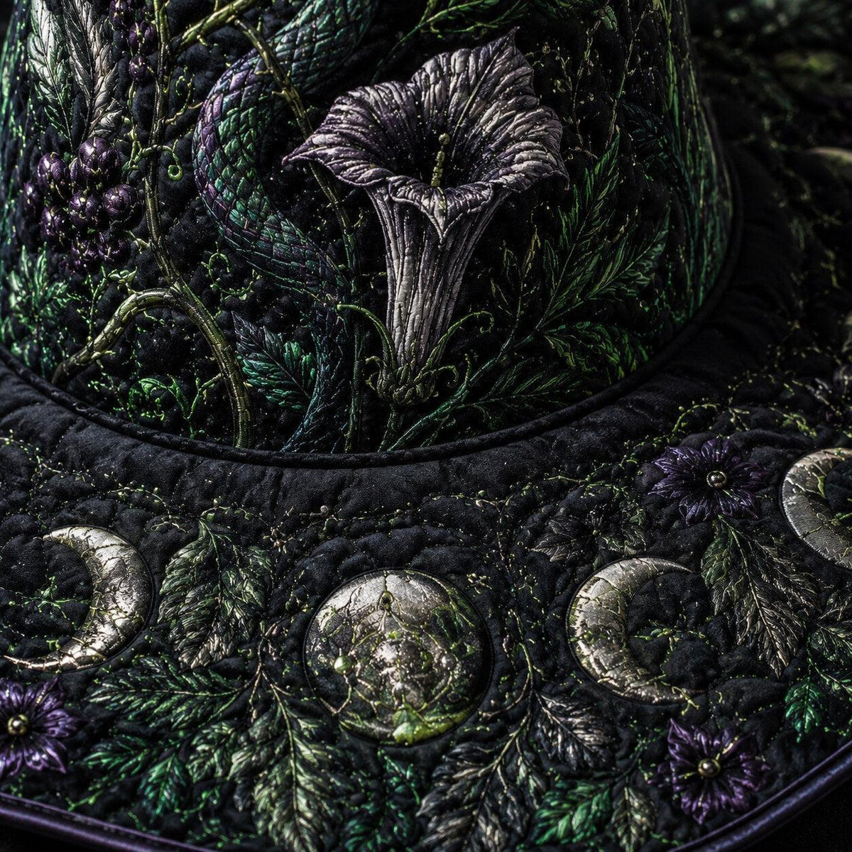 Moonflower Witch Hat – Datura Night Garden Pagan Wide Brim Hat – quilting and print detail