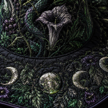 Moonflower Witch Hat – Datura Night Garden Pagan Wide Brim Hat – quilting and print detail
