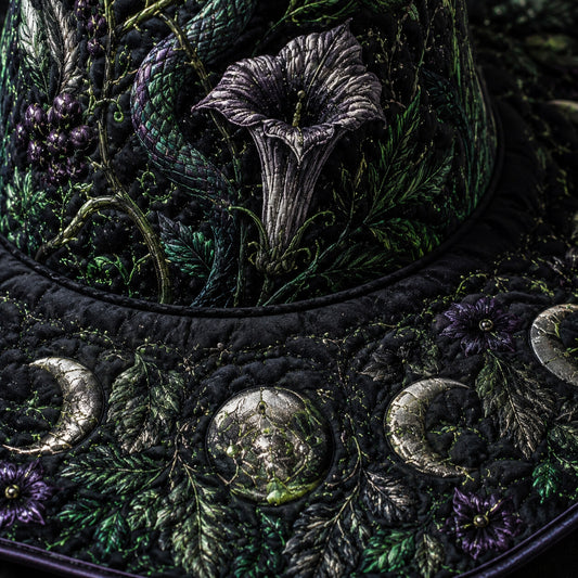 Moonflower Witch Hat – Datura Night Garden Pagan Wide Brim Hat – quilting and print detail