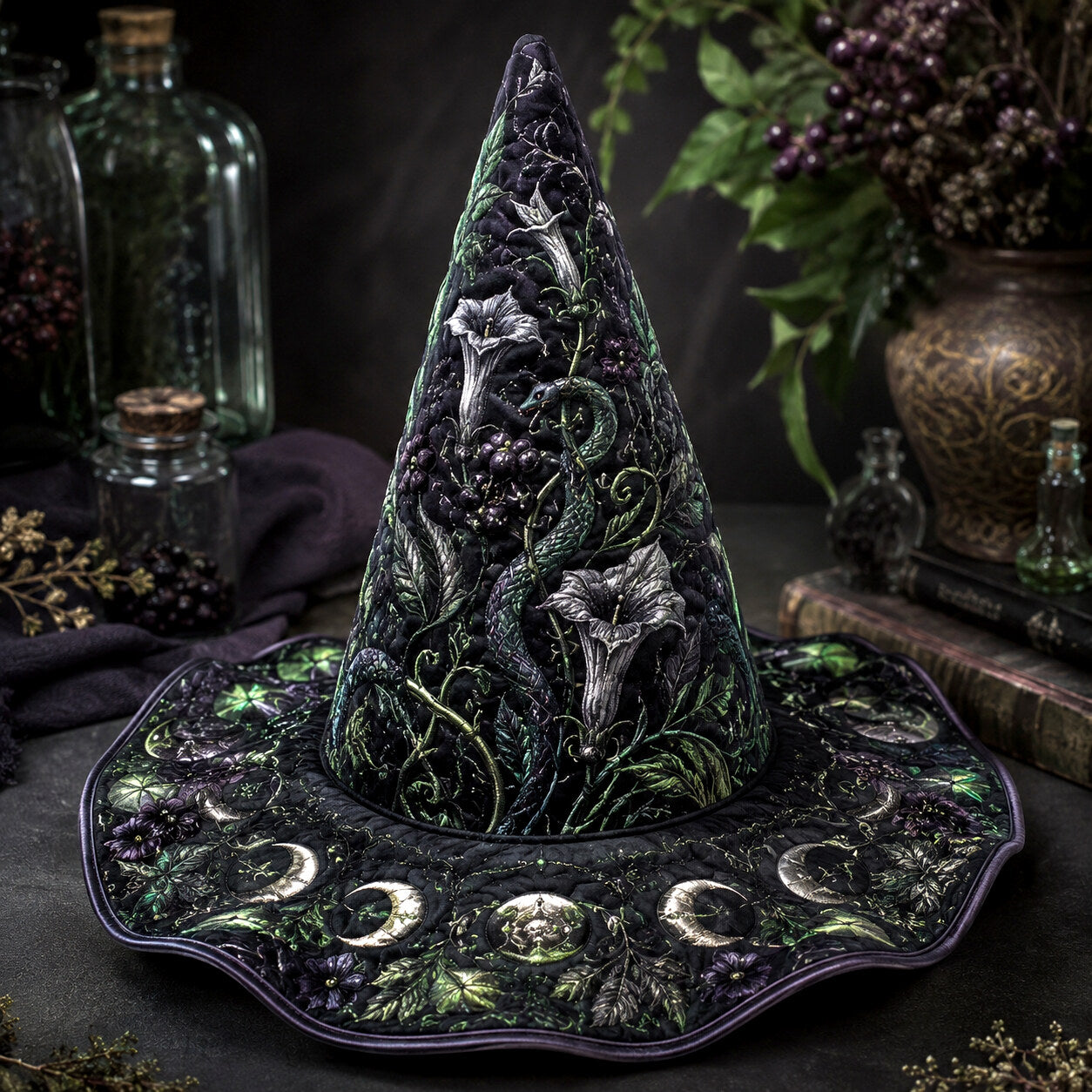 Moonflower Witch Hat – Datura Night Garden Pagan Wide Brim Hat – on an altar table