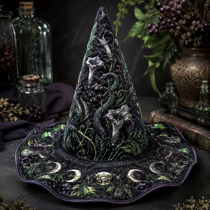Moonflower Witch Hat – Datura Night Garden Pagan Wide Brim Hat – on an altar table