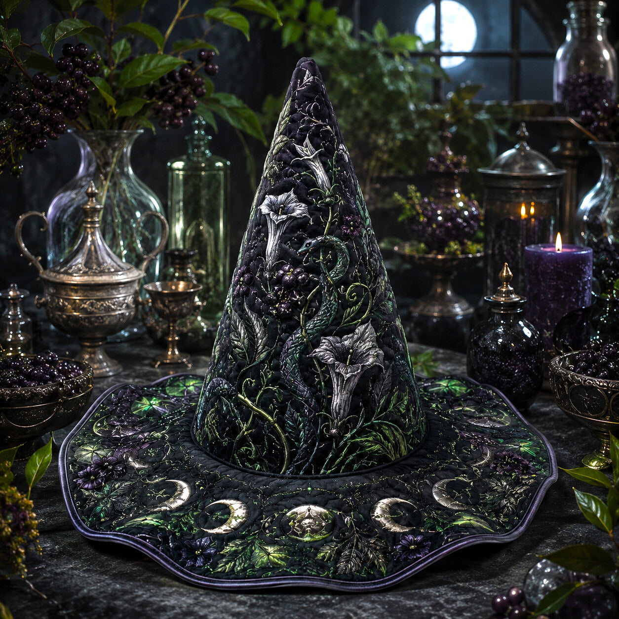 Moonflower Witch Hat – Datura Night Garden Pagan Wide Brim Hat – styled with candles and crystals
