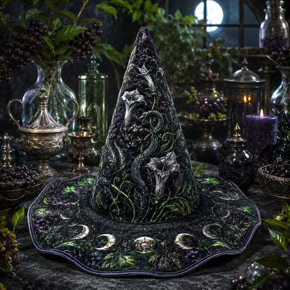 Moonflower Witch Hat – Datura Night Garden Pagan Wide Brim Hat – styled with candles and crystals