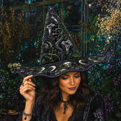Moonflower Witch Hat – Datura Night Garden Pagan Wide Brim Hat – worn, front view