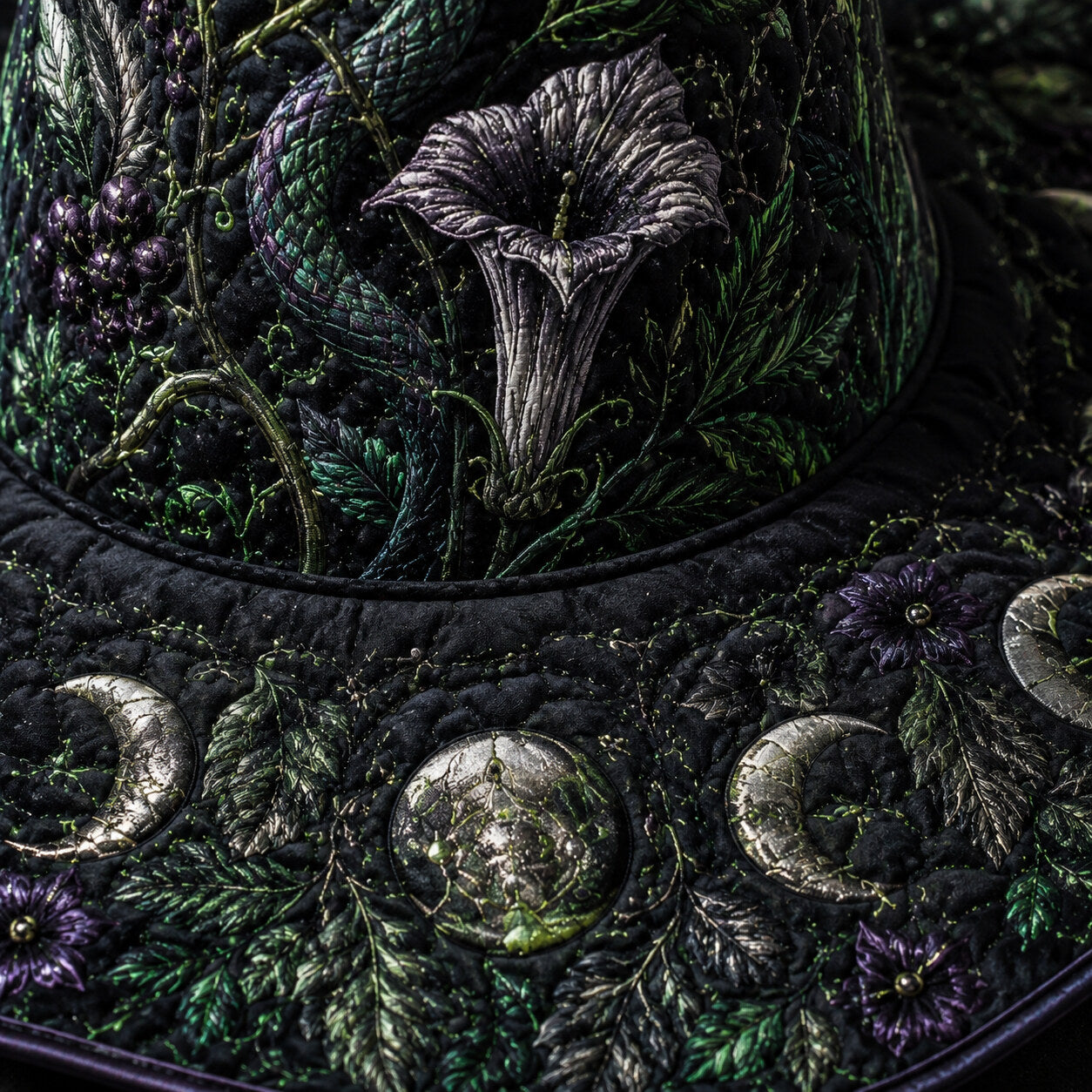 Moonflower Witch Hat – Datura Night Garden Pagan Wide Brim Hat – quilting and print detail