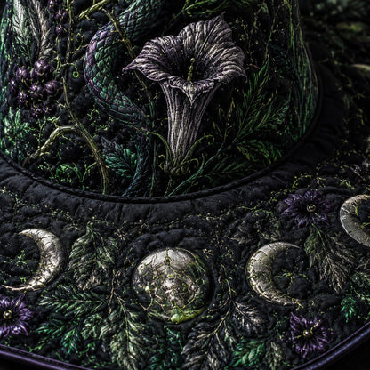 Moonflower Witch Hat – Datura Night Garden Pagan Wide Brim Hat – quilting and print detail
