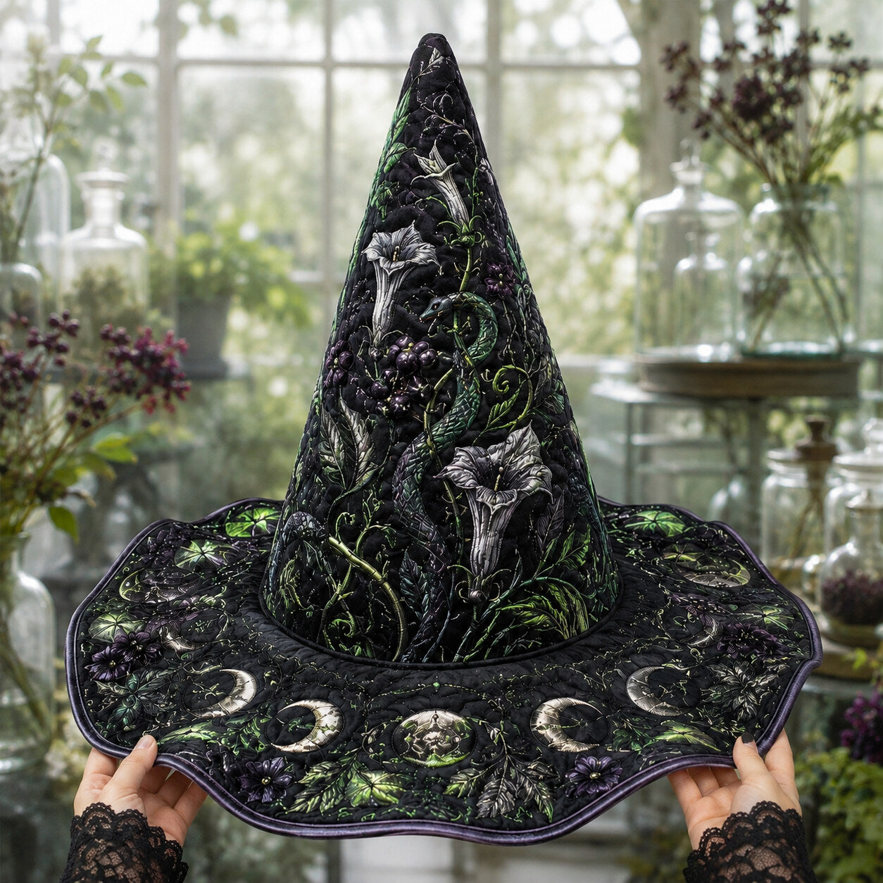 Moonflower Witch Hat – Datura Night Garden Pagan Wide Brim Hat – held in both hands