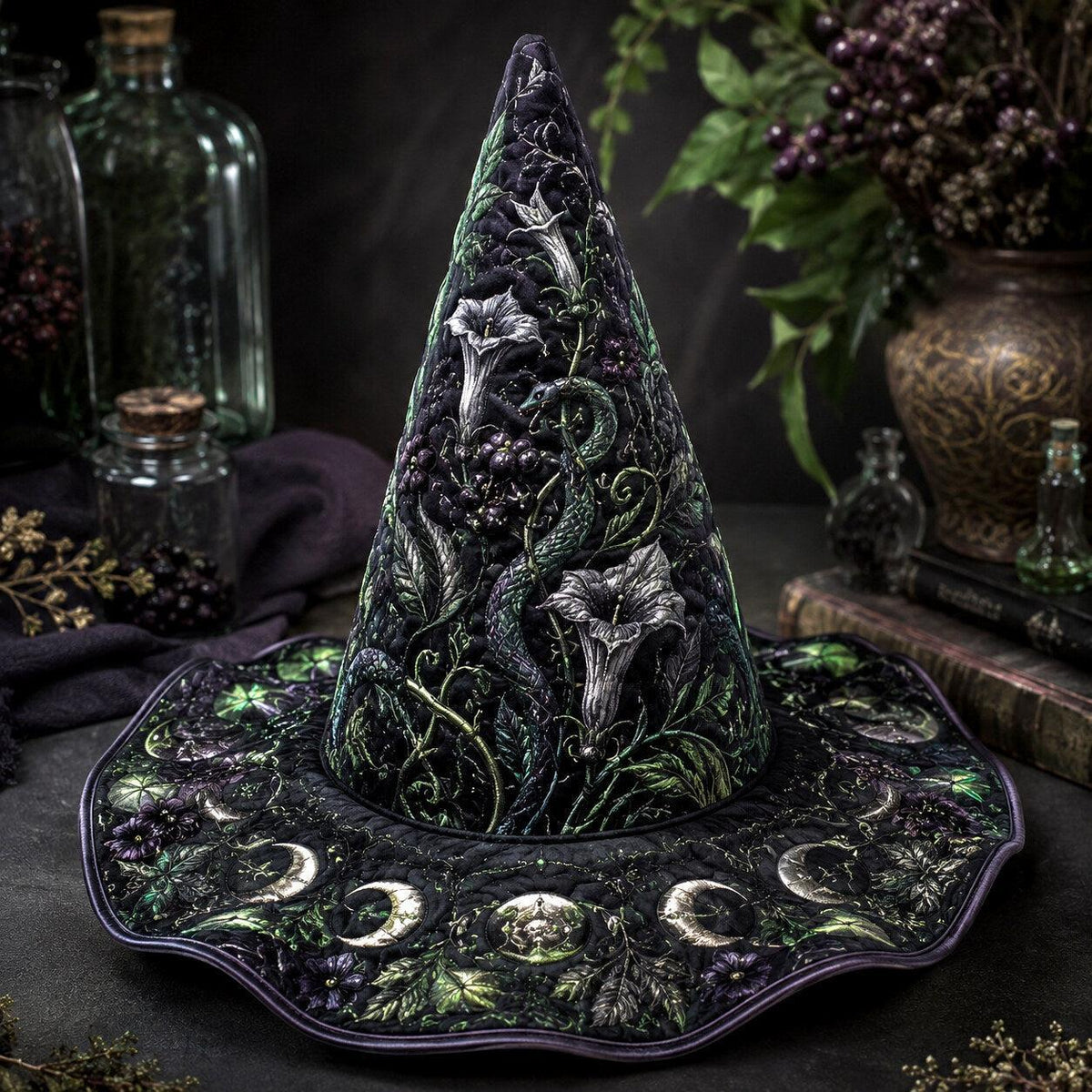 Moonflower Witch Hat – Datura Night Garden Pagan Wide Brim Hat – on an altar table