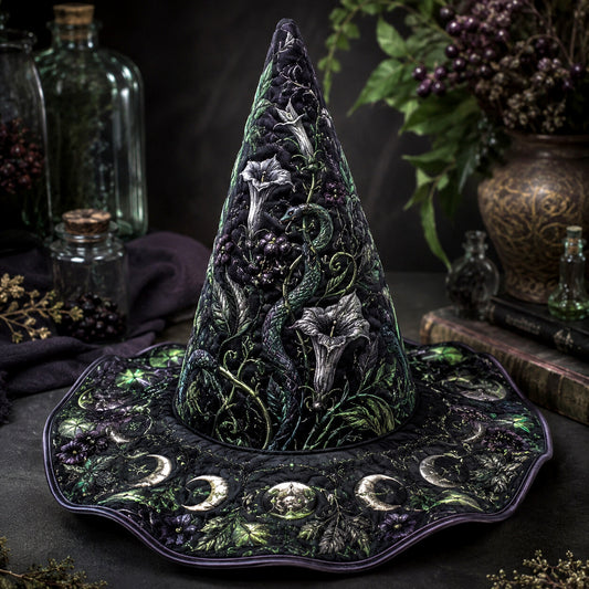 Moonflower Witch Hat – Datura Night Garden Pagan Wide Brim Hat – on an altar table