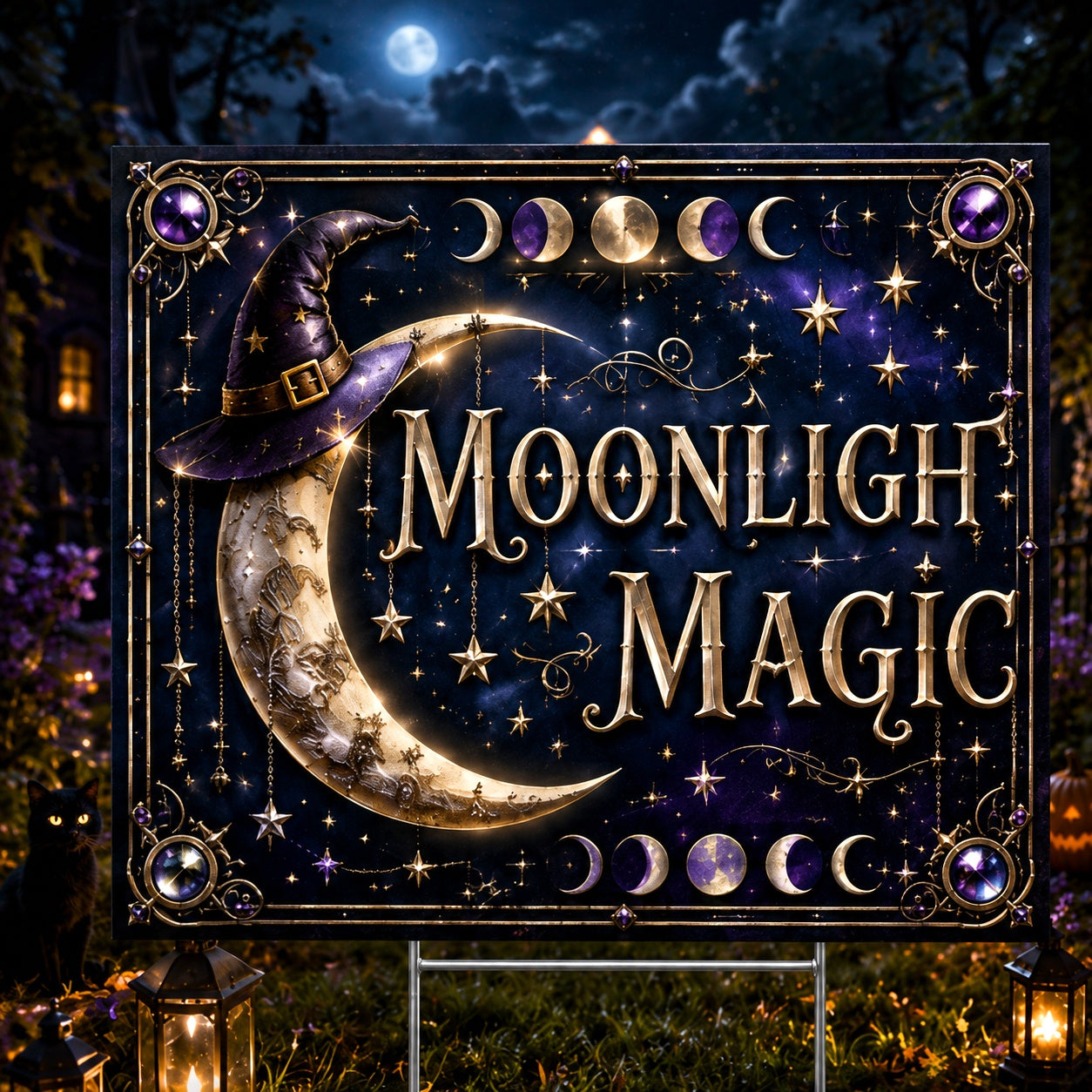 Moonlight Magic Witchy Moon Phases Halloween Yard Sign - front view