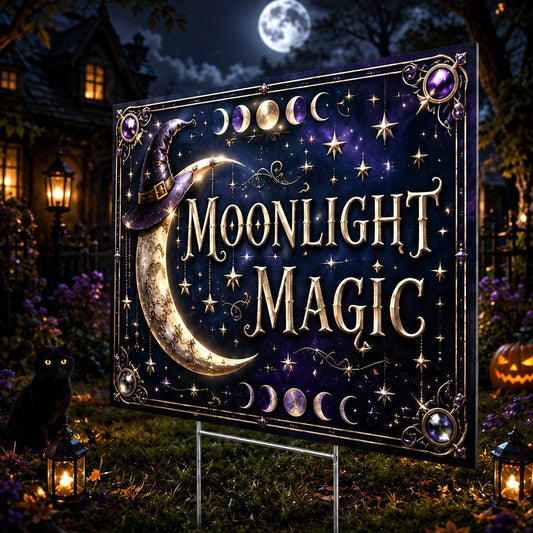 Moonlight Magic Witchy Moon Phases Halloween Yard Sign - close up detail