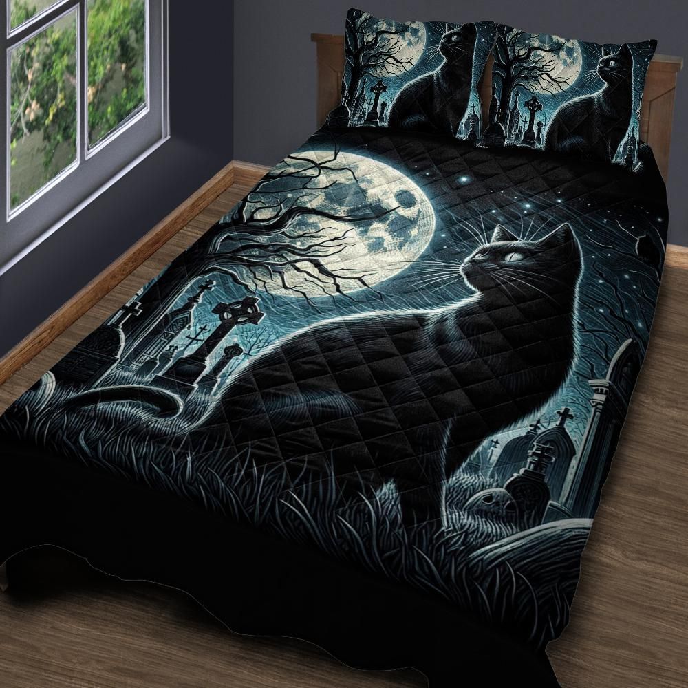 Moonlit Black Cat Gothic Quilt Bedding Set for Halloween-MoonChildWorld