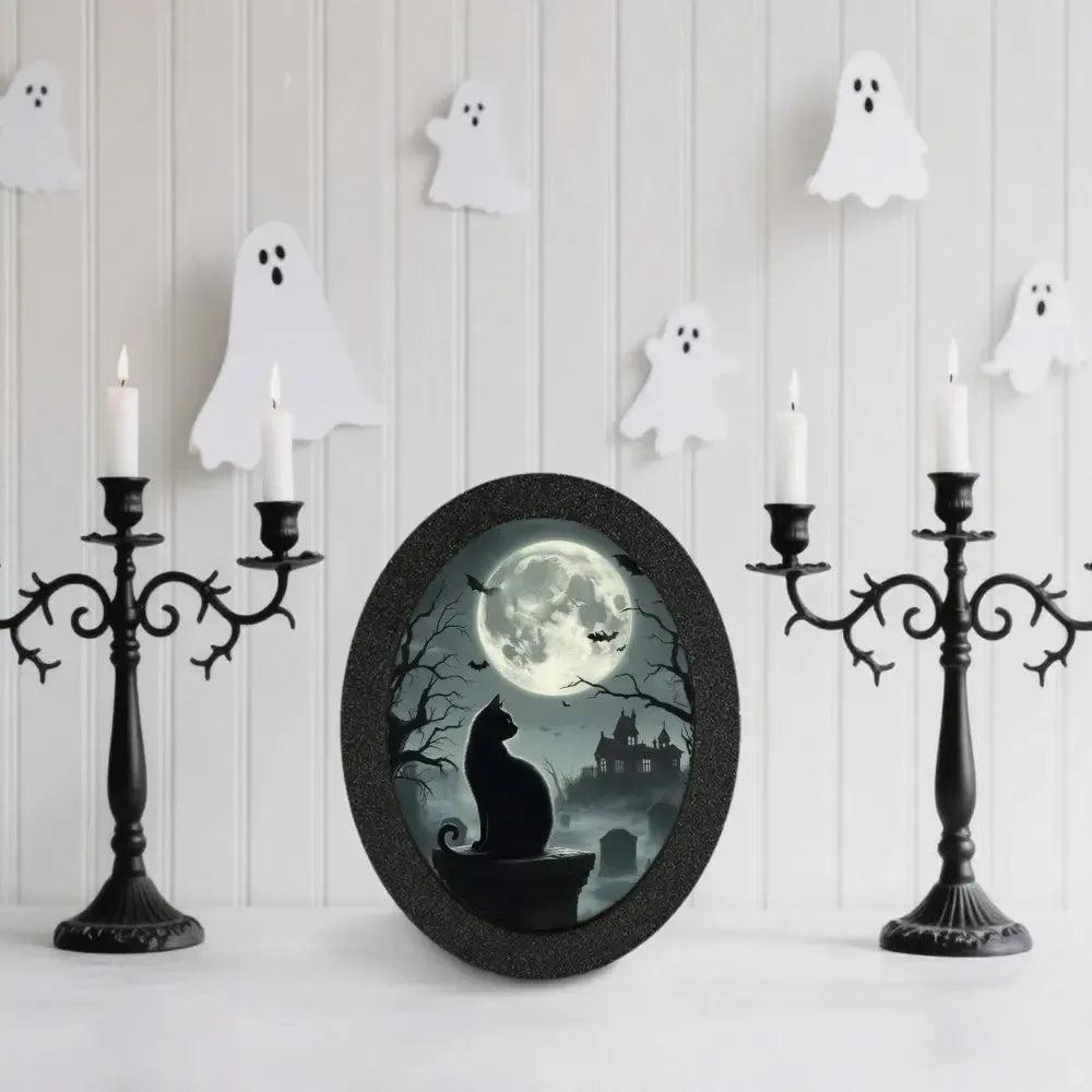 Moonlit Black Cat Gothic Wooden Oval Frame - Gothic Cat Oval Wall Art for Halloween Wall Decoration-MoonChildWorld