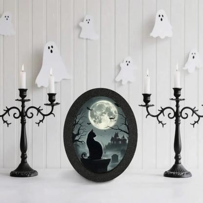 Moonlit Black Cat Gothic Wooden Oval Frame - Gothic Cat Oval Wall Art for Halloween Wall Decoration-MoonChildWorld