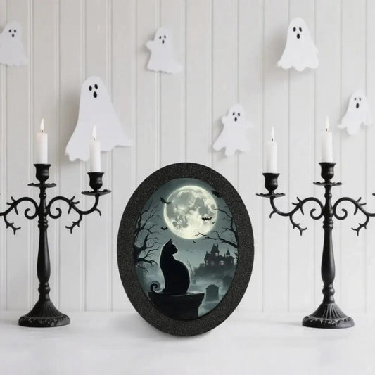 Moonlit Black Cat Gothic Wooden Oval Frame - Gothic Cat Oval Wall Art for Halloween Wall Decoration-MoonChildWorld