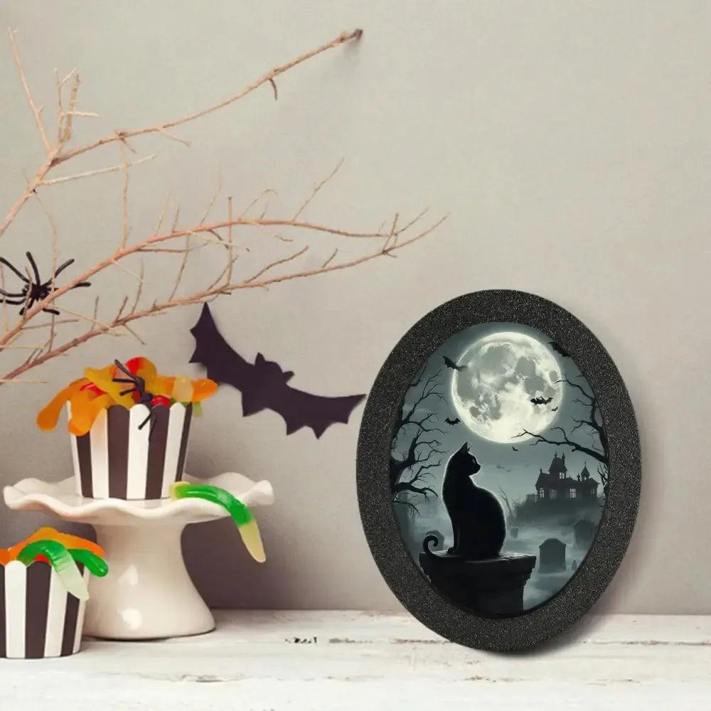 Moonlit Black Cat Gothic Wooden Oval Frame - Gothic Cat Oval Wall Art for Halloween Wall Decoration-MoonChildWorld