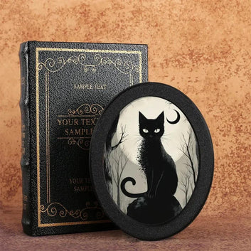 Moonlit Black Cat & Pumpkin Spooky Wooden Oval Frame - Gothic Oval Wall Art - Halloween Wall Decoration-MoonChildWorld