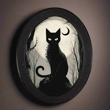 Moonlit Black Cat & Pumpkin Spooky Wooden Oval Frame - Gothic Oval Wall Art - Halloween Wall Decoration-MoonChildWorld