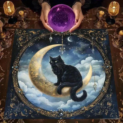 Moonlit Black Cat Tarot Tablecloth – Mystical Altar Cloth for Divination, Meditation & Halloween Decor-MoonChildWorld