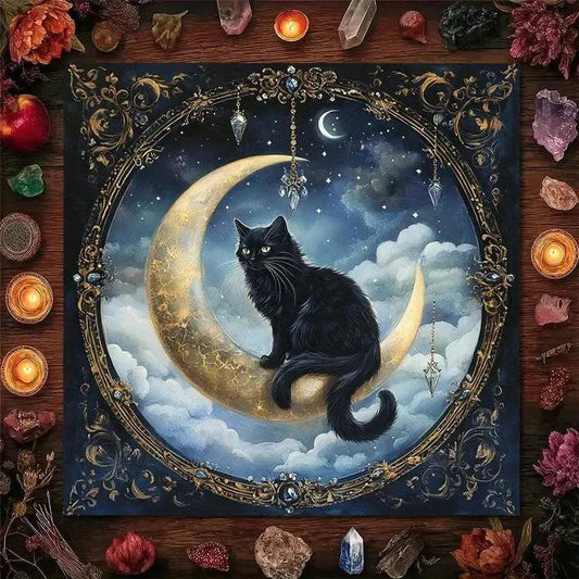 Moonlit Black Cat Tarot Tablecloth – Mystical Altar Cloth for Divination, Meditation & Halloween Decor-MoonChildWorld