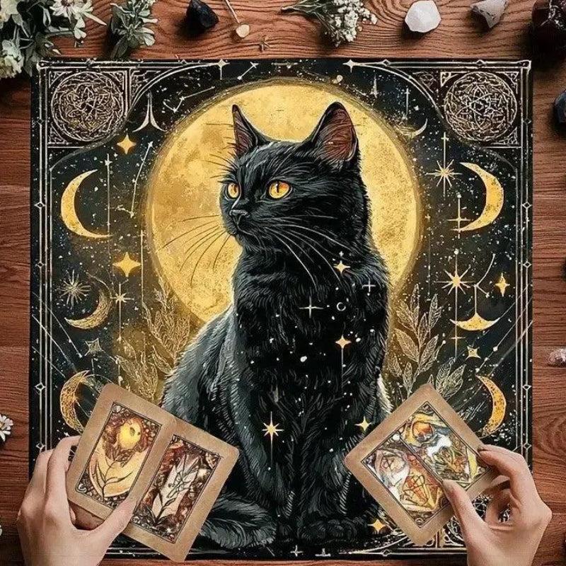 Moonlit Black Cat Wicca Altar Cloth Pagan Tablecloth For Tarot Reading-MoonChildWorld