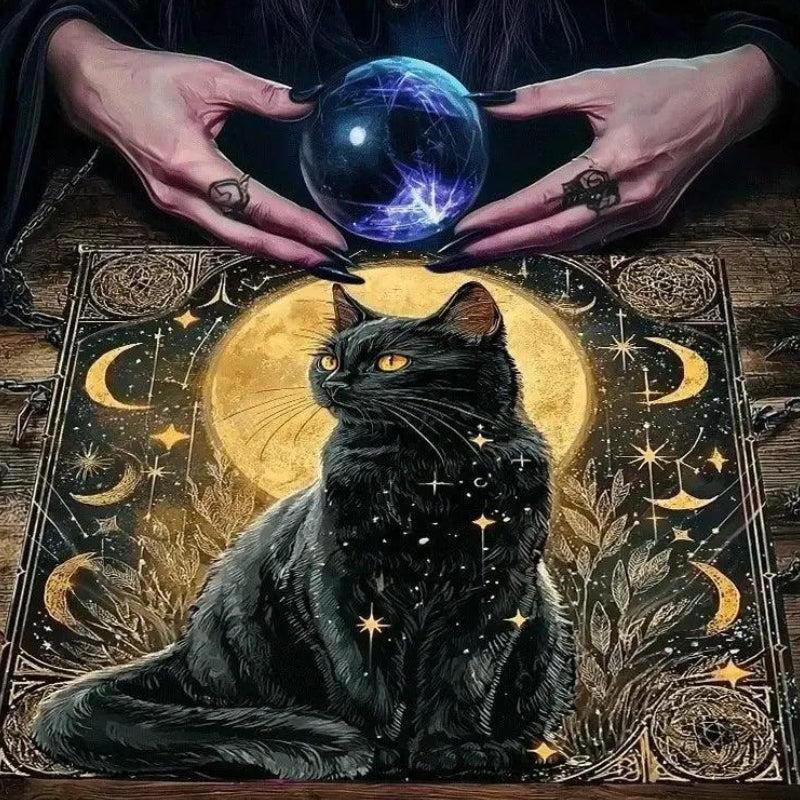 Moonlit Black Cat Wicca Altar Cloth Pagan Tablecloth For Tarot Reading-MoonChildWorld