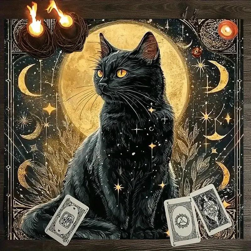 Moonlit Black Cat Wicca Altar Cloth Pagan Tablecloth For Tarot Reading-MoonChildWorld
