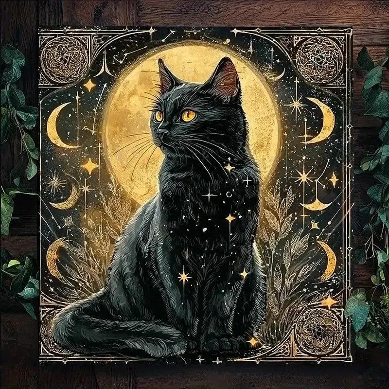 Moonlit Black Cat Wicca Altar Cloth Pagan Tablecloth For Tarot Reading-MoonChildWorld