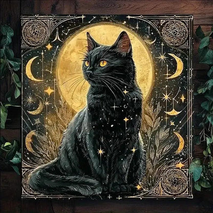 Moonlit Black Cat Wicca Altar Cloth Pagan Tablecloth For Tarot Reading-MoonChildWorld