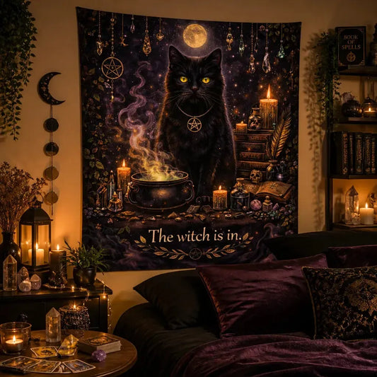 Moonlit Black Cat Witchy Tapestry Wiccan Altar Wall Hanging_mockup_1.webp