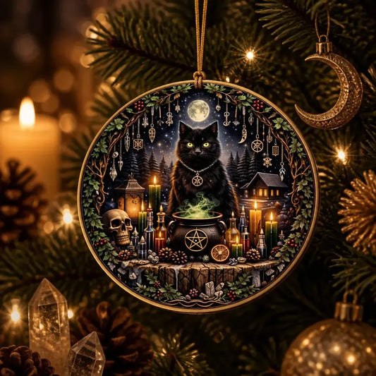 Moonlit Black Cat Yule Ceramic Ornament โ Witchy Christmas Tree Decor Dark Christmas Ornament_mockup_1.webp