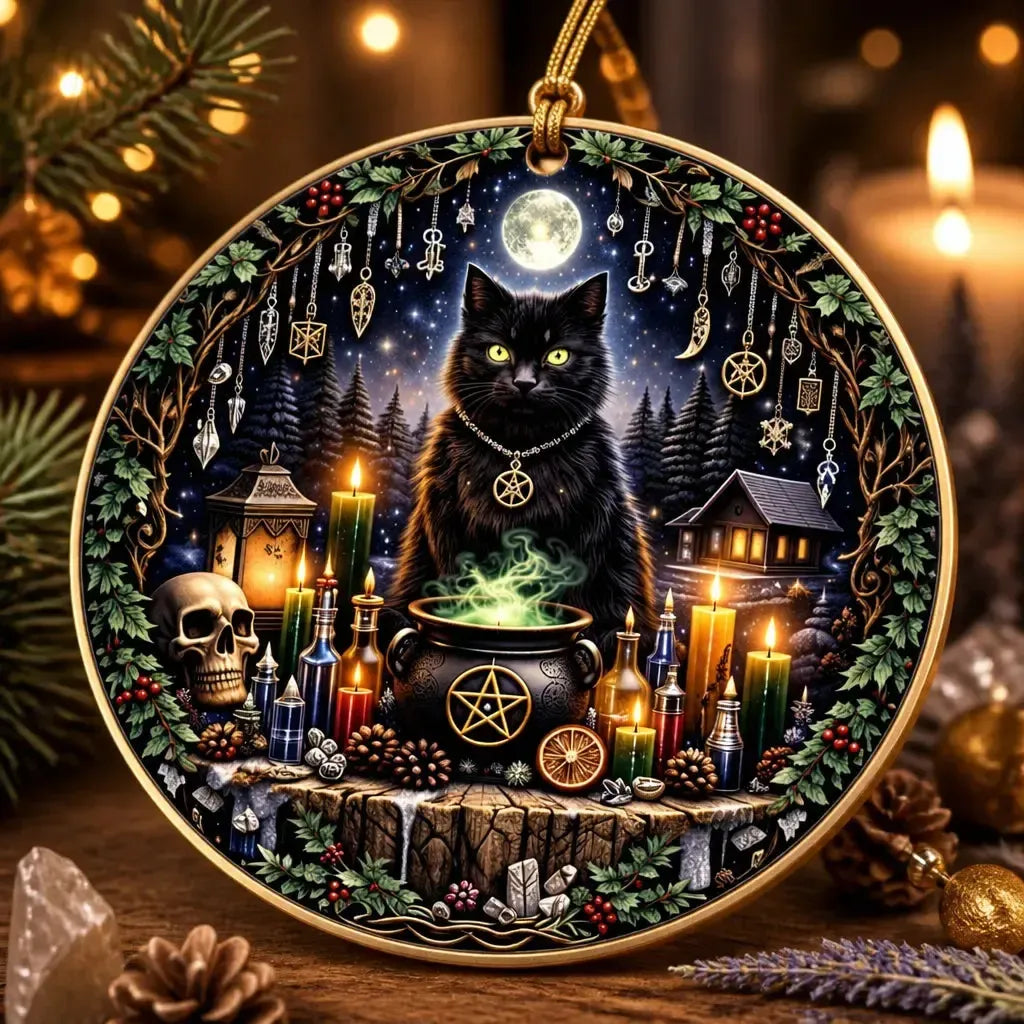 Moonlit Black Cat Yule Ceramic Ornament – Witchy Christmas Tree Decor Dark Christmas Ornament_mockup_2.webp