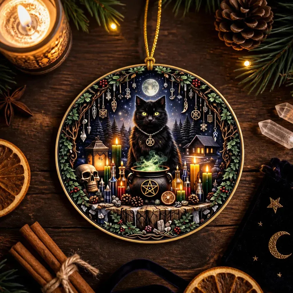 Moonlit Black Cat Yule Ceramic Ornament – Witchy Christmas Tree Decor Dark Christmas Ornament_mockup_3.webp