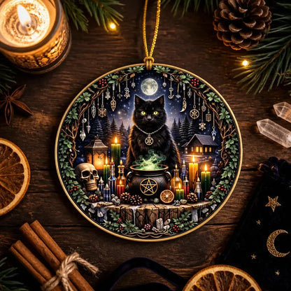 Moonlit Black Cat Yule Ceramic Ornament – Witchy Christmas Tree Decor Dark Christmas Ornament_mockup_3.webp
