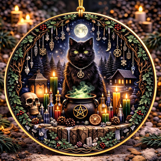 Moonlit Black Cat Yule Ceramic Ornament – Witchy Christmas Tree Decor Dark Christmas Ornament-MoonChildWorld