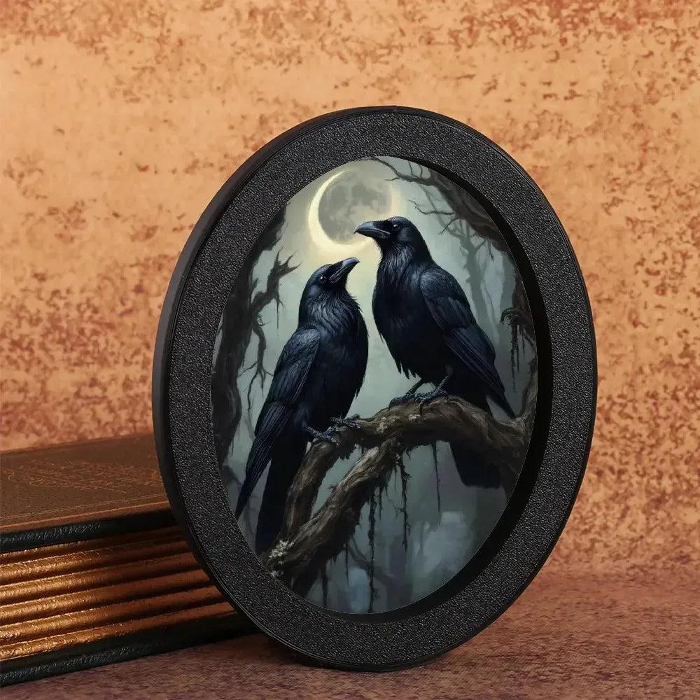 Moonlit Black Crows Wall Art - Witchy Raven Gothic Wooden Oval Frame Halloween Wall Decoration-MoonChildWorld